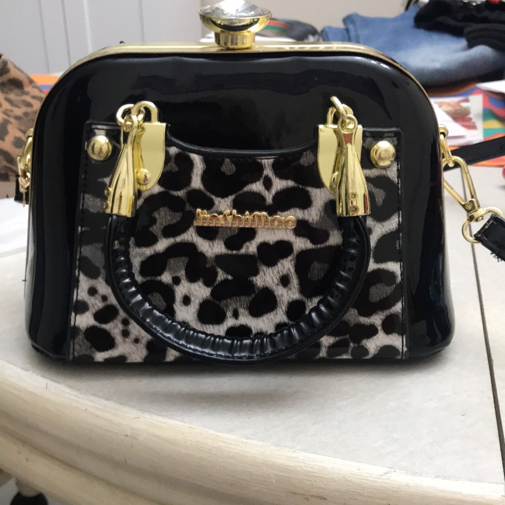 Black Patent & Leopard Print Mini Satchel Handbag